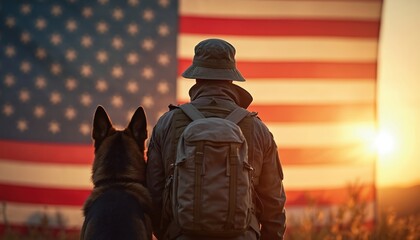 Veteran soldier with German Shepherd stands before US flag at sunset. Patriotism and sacrifice bond man and loyal dog against sundown sky. Military, animal, service themes.