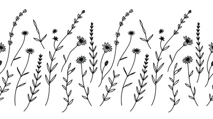 Doodle style floral border with flowers and leaves in black and white simple line art illustration silhouette