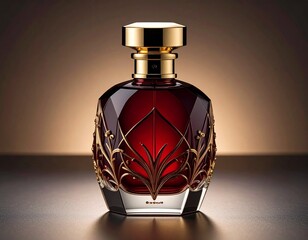 A luxurious dark red perfume bottle with faceted glass and intricate gold embellishment
