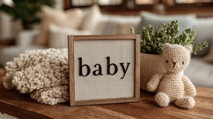 New Arrival Announcement: A heartwarming arrangement of baby-themed items, featuring a rustic wooden sign, a soft teddy bear, and a cozy blanket, symbolizes the joy of a new beginning. Generative Ai