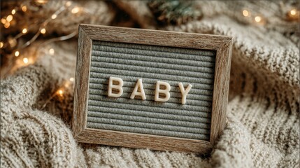 Warm Welcome of New Life: a charming wooden sign spells out BABY in a close-up shot, nestling amidst a cozy textured blanket, evoking a sense of anticipation and comfort. Generative Ai