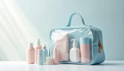 Light blue transparent toiletry bag holds skin care, beauty products. Pastel pink, blue cosmetic bottles stand next to travel organizer. Essential personal hygiene items neatly arranged for trip,