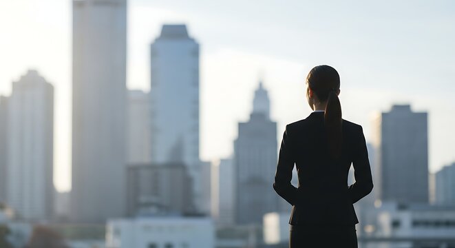 Woman in business attire looking at city buildings from a high vantage point