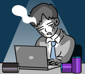 深夜残業で無気力になるブラック企業の新人社員のベクターイラスト