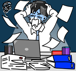 終わらないペーパーワーク忙しくて頭を抱えるビジネスマンのベクターイラスト