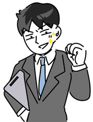 ガッツポーズをしてキメ顔をする若い社員のポートレートベクターイラスト