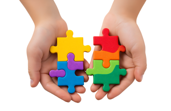 Solving the Puzzle: Connection and Teamwork Held by Child Hands isolated on a transparent background