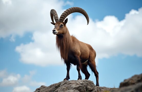 Markhor wild goat stands majestically on rock against blue sky. This male caprid has impressive corkscrew horns and long mane. It is native to Central Asian mountains, found in Pakistan and Himalayas.