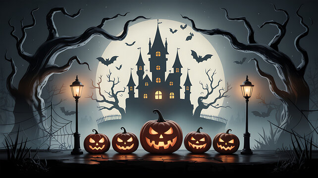 Jack-o-lanterns and haunted castle with street lamps on Halloween night pumpkins carved