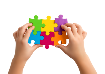 Child's Hands Assembling Colorful Puzzle Pieces isolated on a transparent background