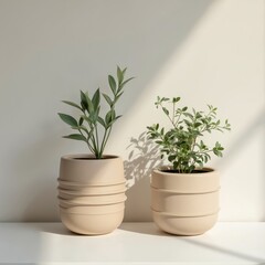 Fototapeta premium Two beige ceramic planters with textured horizontal ridges hold green houseplants. Minimalist decor style complements modern interiors, adding natural elements to living spaces.