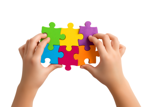 Child's Hands Assembling Colorful Puzzle Pieces isolated on a transparent background
