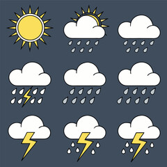 Obraz premium Minimal Weather Icons Set,Sun, Rain, Cloud, Thunderstorm Vector Illustration