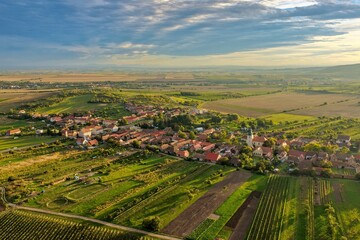 Naklejka premium Autumn aerial view of Havraníky wine village in the Znojmo region, Podyjí National Park, South Moravia, Czech Republic