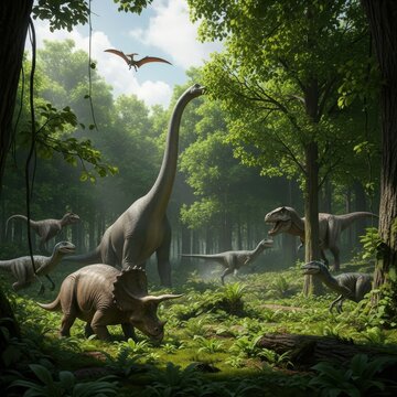 Magnificent Dinosaurs Roaming Through a Lush Prehistoric Forest Scene