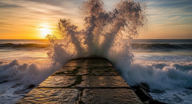 Spectacular wave explosion on pier at sunset, a coastal symphony of power