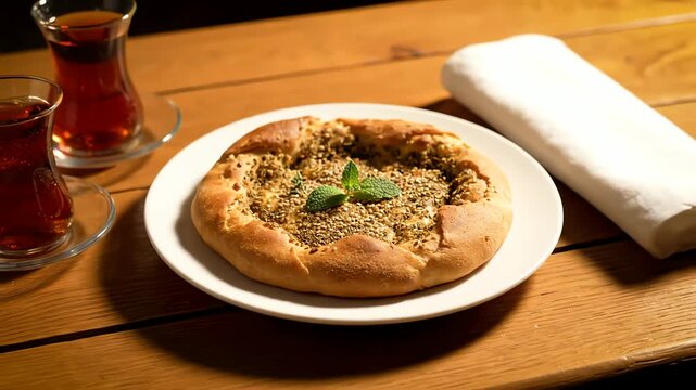 Zaatar Bread with Sesame Seeds on Plate Closeup
