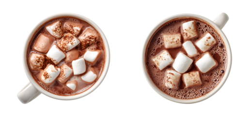 Hot Chocolate with Marshmallows in White Mug, Top View isolated on a transparent background