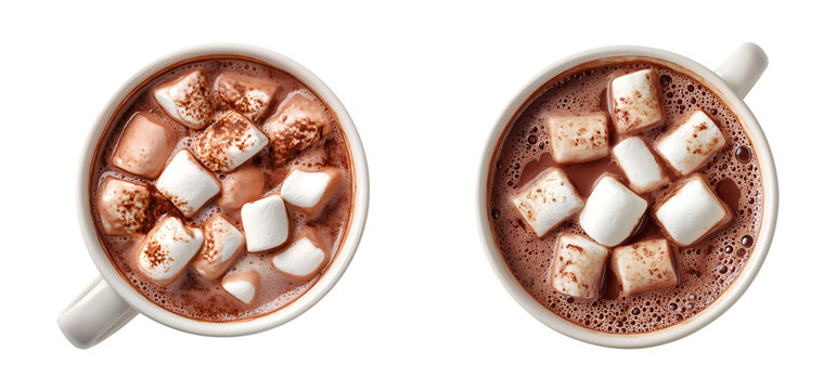 Hot Chocolate with Marshmallows in White Mug, Top View isolated on a transparent background