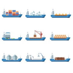 A collection of various detailed cargo ships and freight vessels, including container ships, bulk carriers, and tankers, illustrating global maritime transportation and logistics