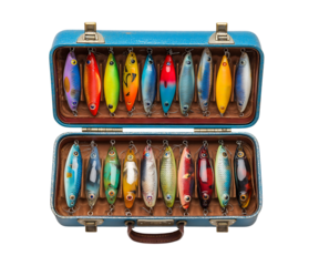 A Vibrant Collection of Vintage Fishing Lures Displayed in an Open Blue Tackle Box isolated on a transparent background