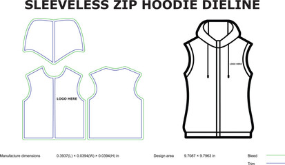 Sleeveless Zip Hoodie Dieline   Printable Cut & Sew Pattern Template for Custom Streetwear Design © Ranuka41