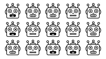Fifteen cartoon robot heads with different expressions arranged in a grid pattern on white silhouette