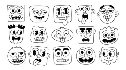A collection of cartoon faces with various expressions in black and white line art style illustration silhouette