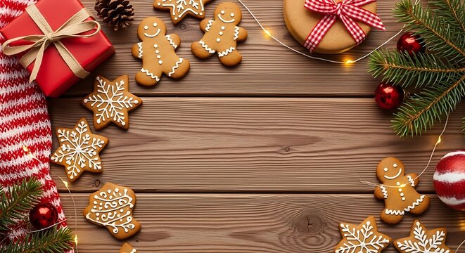 A festive Christmas arrangement featuring gingerbread cookies, gifts, and pine branches on a wooden background.