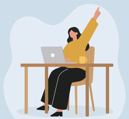 A woman at a desk with a laptop raises her hand in success. This flat vector shows achievement, a good idea, or business victory