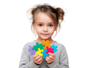 Cute little girl holding colorful jigsaw puzzle pieces isolated on a transparent background