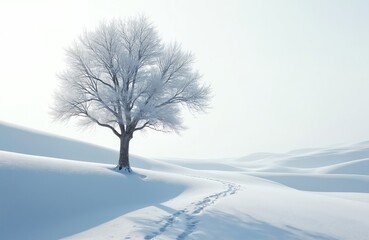 Fototapeta premium Single snow covered tree stands in peaceful winter field. Frost coats bare branches. Smooth snow dunes, clear footprints curve towards isolated tree. Cold season landscape shows tranquil white