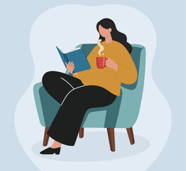 A woman relaxes in an armchair, enjoying a good book and a warm drink. This flat vector illustration evokes feelings of comfort, leisure, and quiet time