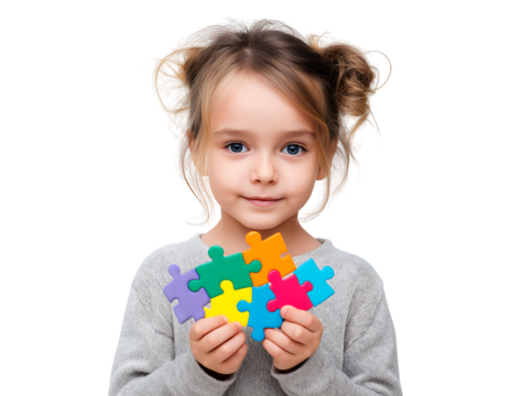 Cute little girl holding colorful jigsaw puzzle pieces isolated on a transparent background