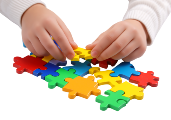 Child's hands assembling bright colorful wooden jigsaw puzzle pieces isolated on a transparent background