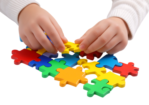 Child's hands assembling bright colorful wooden jigsaw puzzle pieces isolated on a transparent background