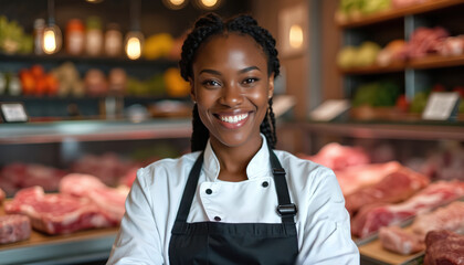 Smiling African American woman owner works in butcher shop with fresh meat display. She wears chef coat and apron, looking confident and pro while serving customers at market.