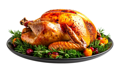 Golden roasted turkey with garnish and herbs, isolated on transparent background, festive Thanksgiving dinner concept.