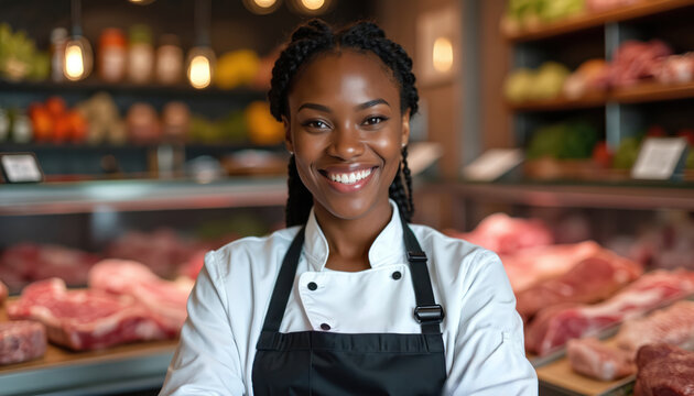 Smiling African American woman owner works in butcher shop with fresh meat display. She wears chef coat and apron, looking confident and pro while serving customers at market.
