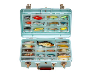 Obraz premium Retro Blue Tackle Box Overflowing with Colorful Vintage Fishing Lures isolated on a transparent background