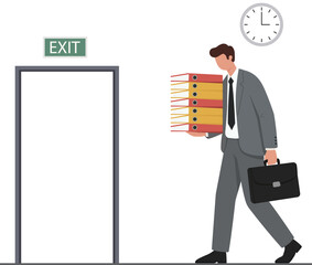 An overworked businessman leaves the office late, carrying a heavy workload. This flat vector illustration depicts job stress, burnout, and quitting