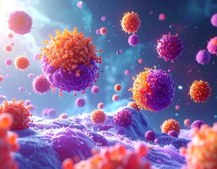 Microscopic view of colorful, spherical cells in an abstract environment