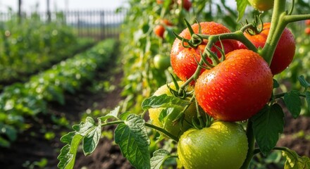 Obraz premium Close-up of Fresh Tomatoes in a Garden with Sunlight and Droplets