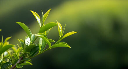 Fresh green tea leaves close-up shot with blurred background representing natural wellness and healthy lifestyle