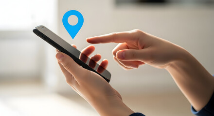 Woman using a smartphone with a location pin icon searching for directions or using a GPS app isolated indoors