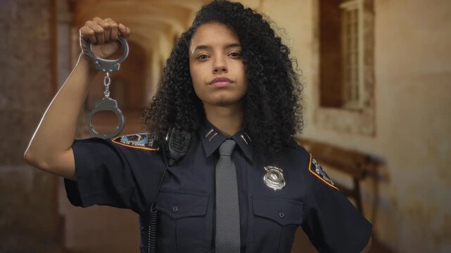 Policewoman holding handcuffs confidently in a historic town street wearing uniform with curly hair badge and walkie talkie showing authority in an outdoor setting