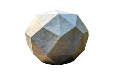 Multi-colored faceted polyhedron stone sculpture with blue, gray, tan geometric surfaces, isolated on a transparent background