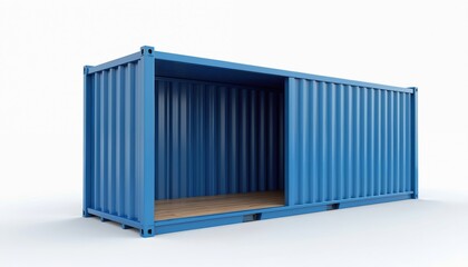 Blue shipping container is empty and open. It is a metal box for global trade and industrial transport. This cargo unit awaits goods for storage or delivery.