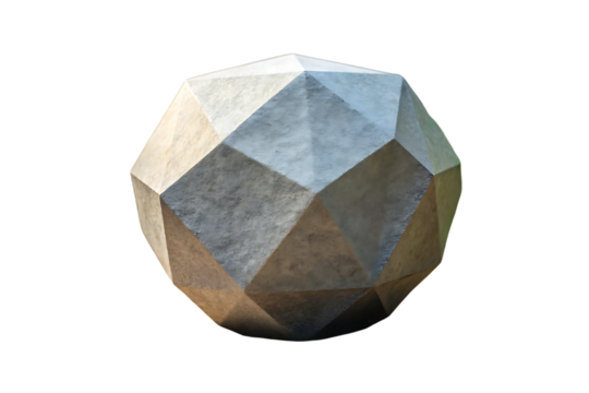 Multi-colored faceted polyhedron stone sculpture with blue, gray, tan geometric surfaces, isolated on a transparent background