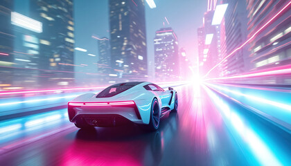 Futuristic electric car speeds down a highway in a neon city at night. White sports vehicle drives fast with motion blur. Modern auto races through an urban cyberpunk metropolis.